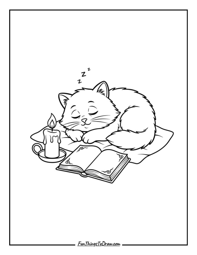 A sleepy cat lying next to a candle and open book