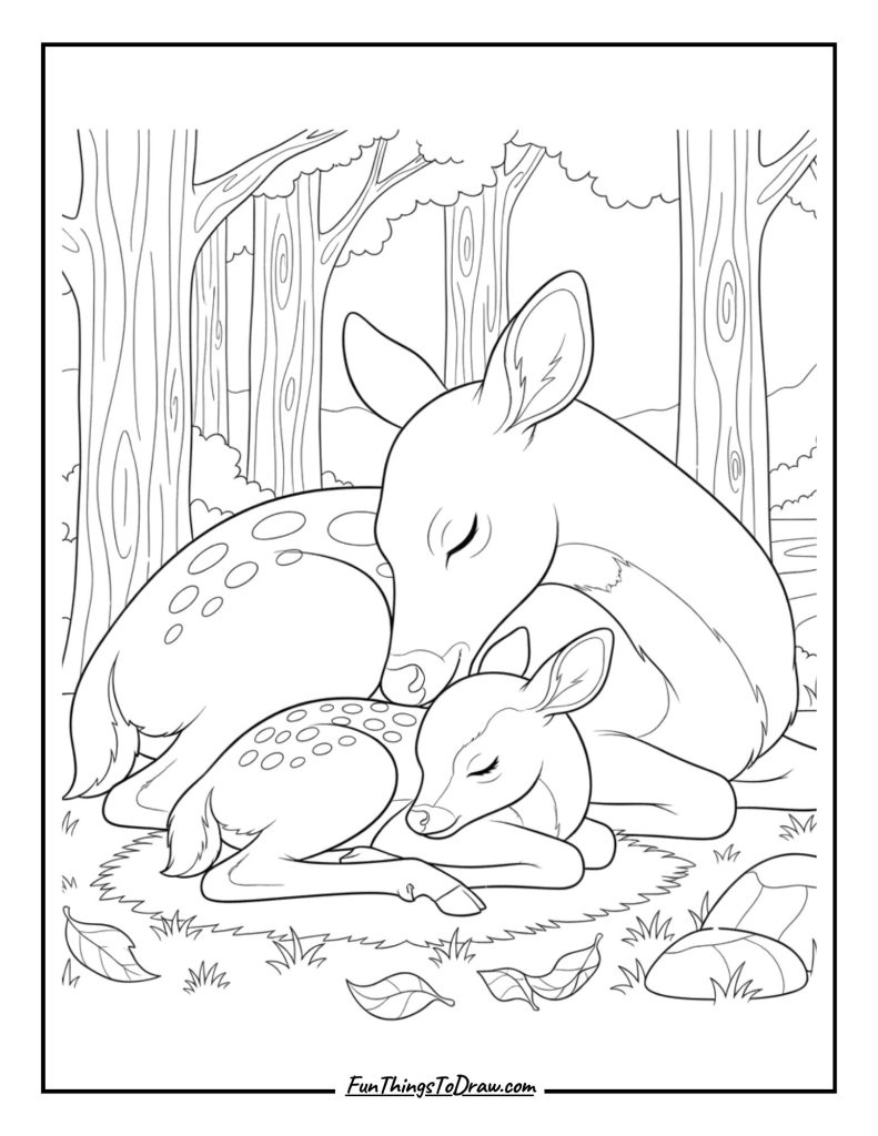 Mother nuzzles her sleeping fawn