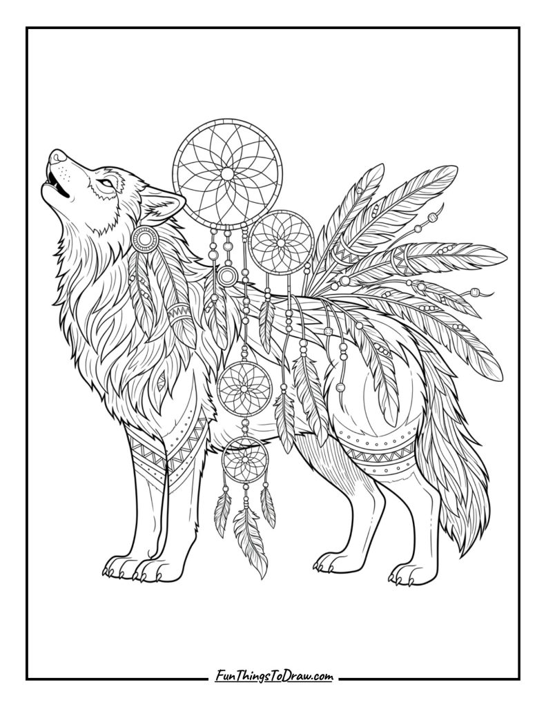 Native American-inspired wolf with feathers and dreamcatchers