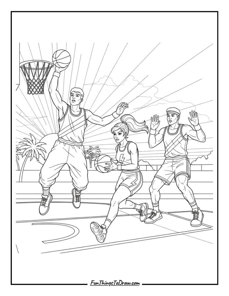 Retro 80s basketball scene
