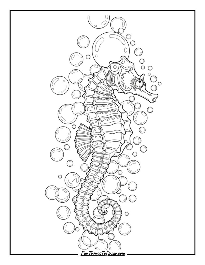 Seahorse swimming through crystal bubbles