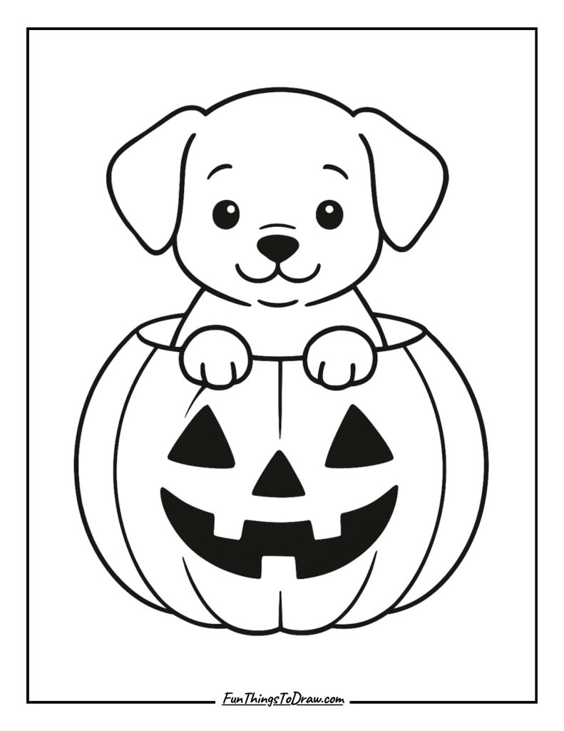 Tiny puppy fitting perfectly inside a carved pumpkin