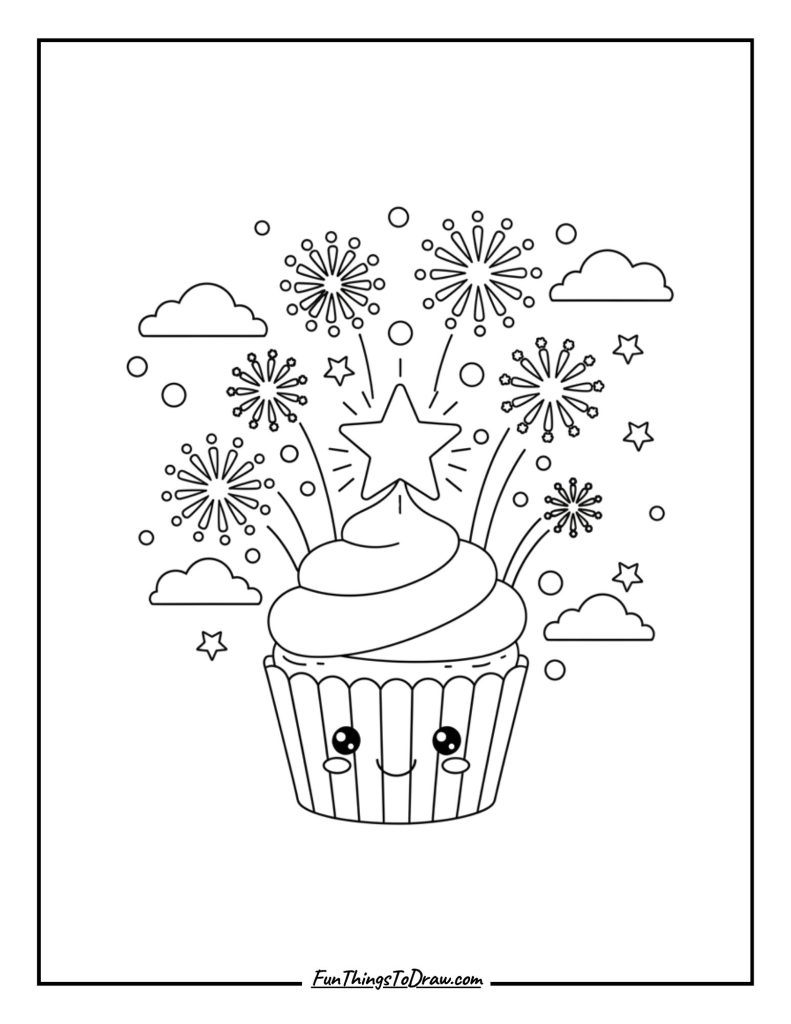 A cupcake glowing with fireworks bursting in the night sky