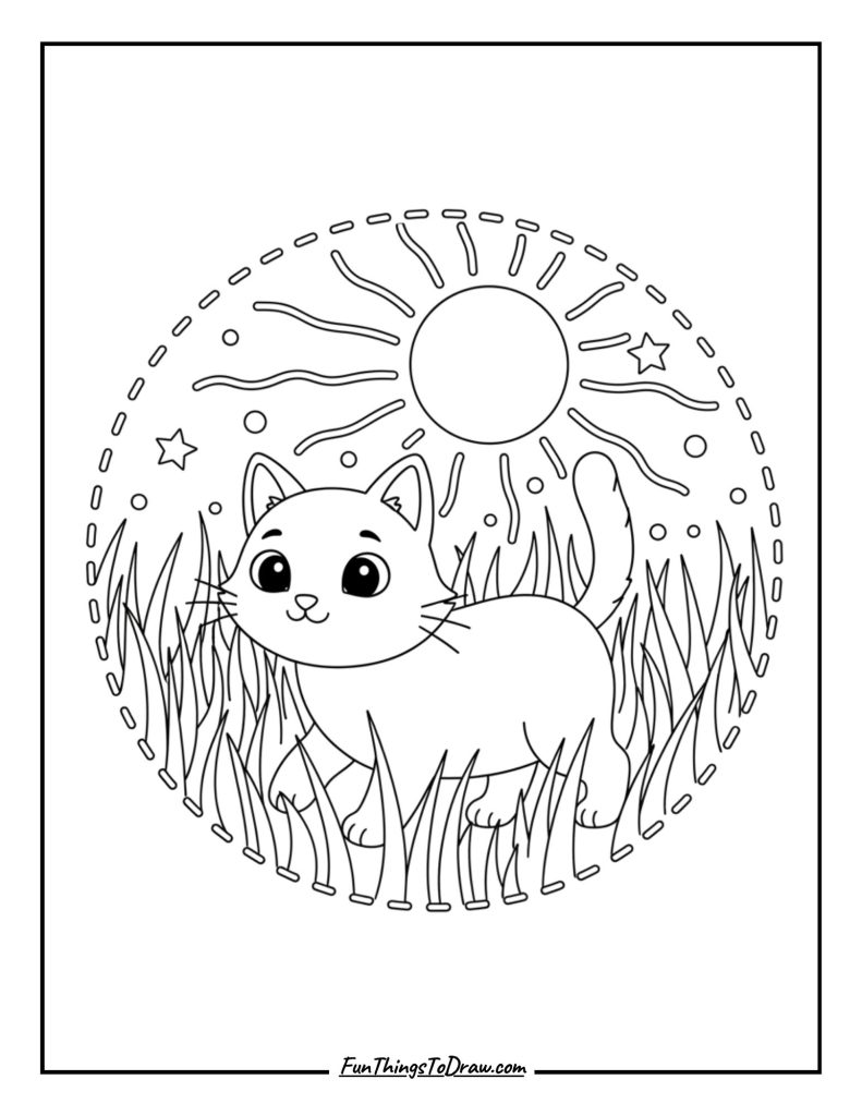 Cat walking through a field of tall grass under sunset light