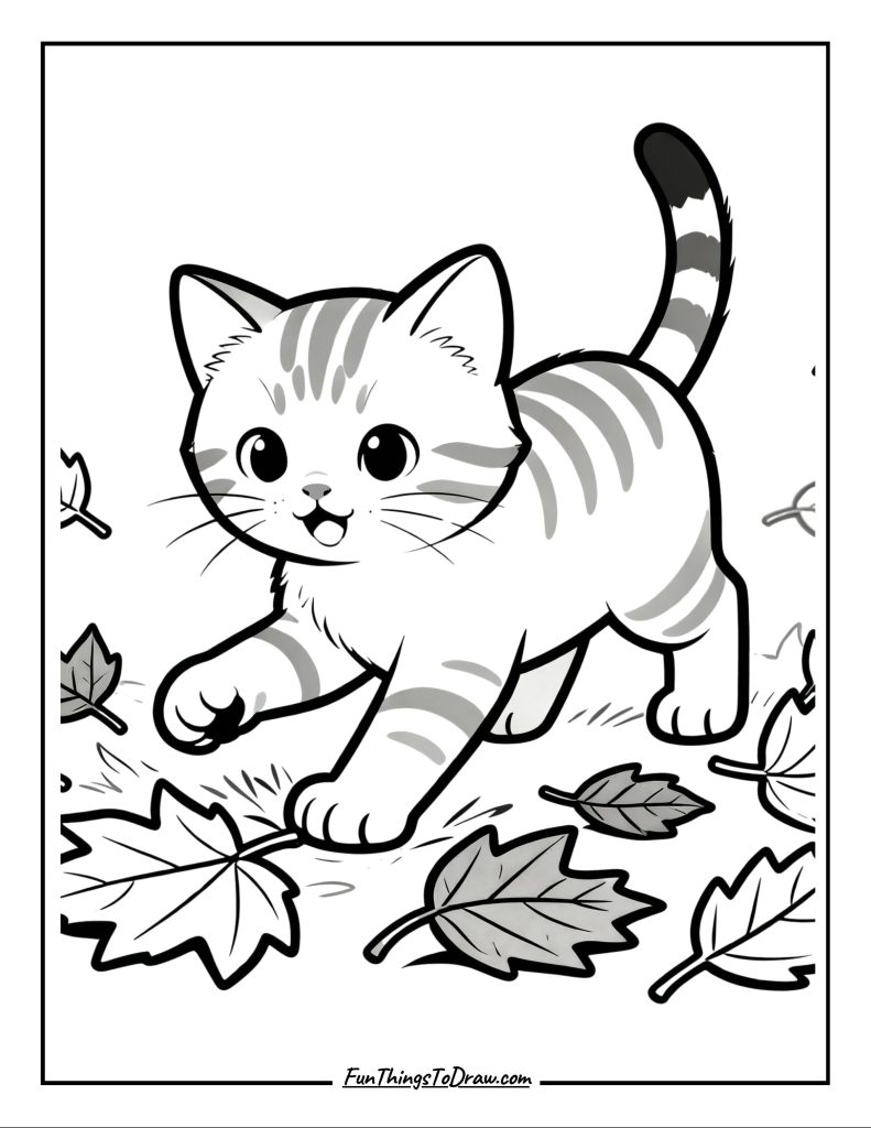 Kitten playing in autumn leaves