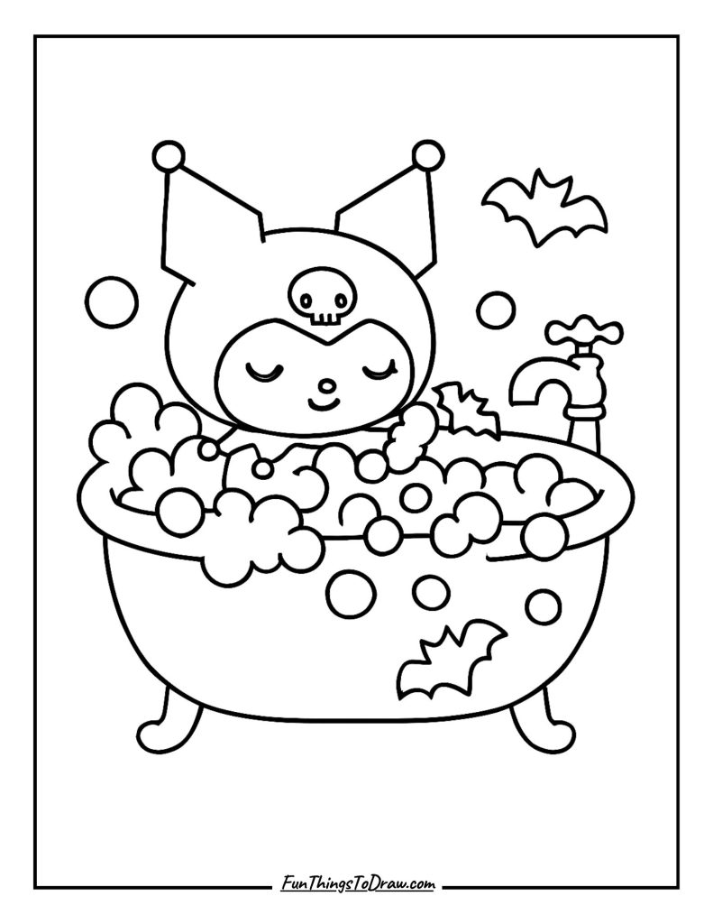 Kuromi relaxing in a bathtub of bubbles with bat-shaped soaps
