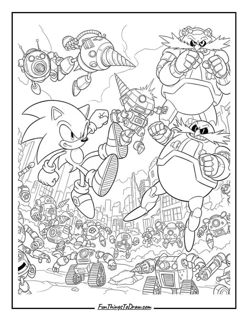 Sonic fighting Dr. Eggman's robot army
