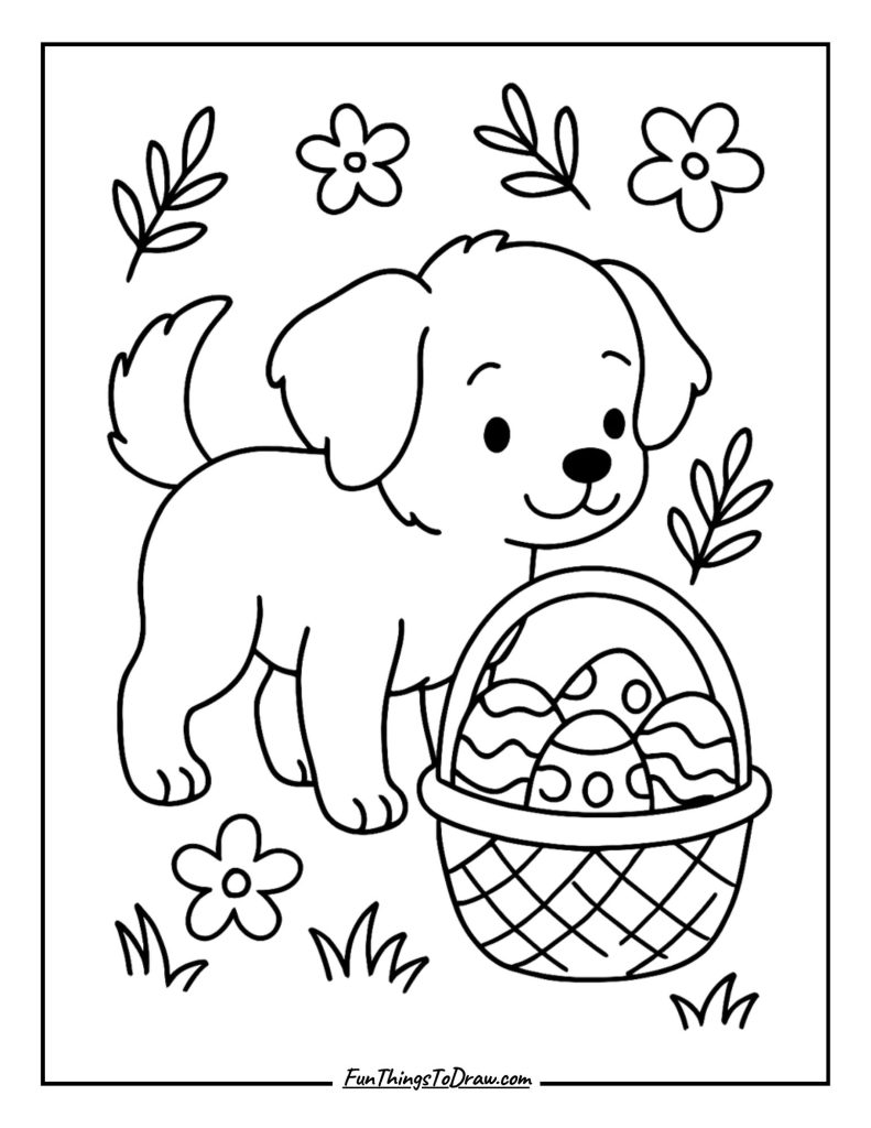 Springtime pup discovering painted Easter eggs in a basket