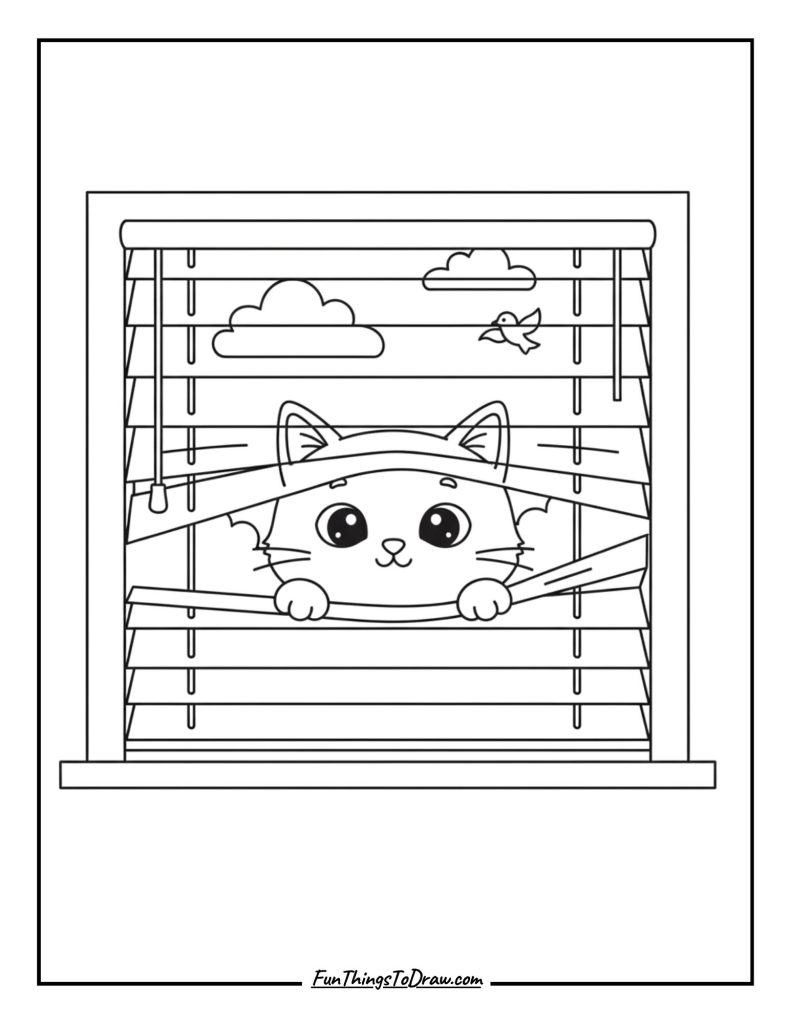 An indoor cat peeking out through window blinds