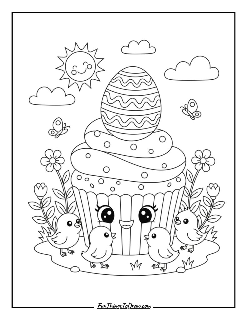 Baby chicks surrounding a frosted treat in springtime