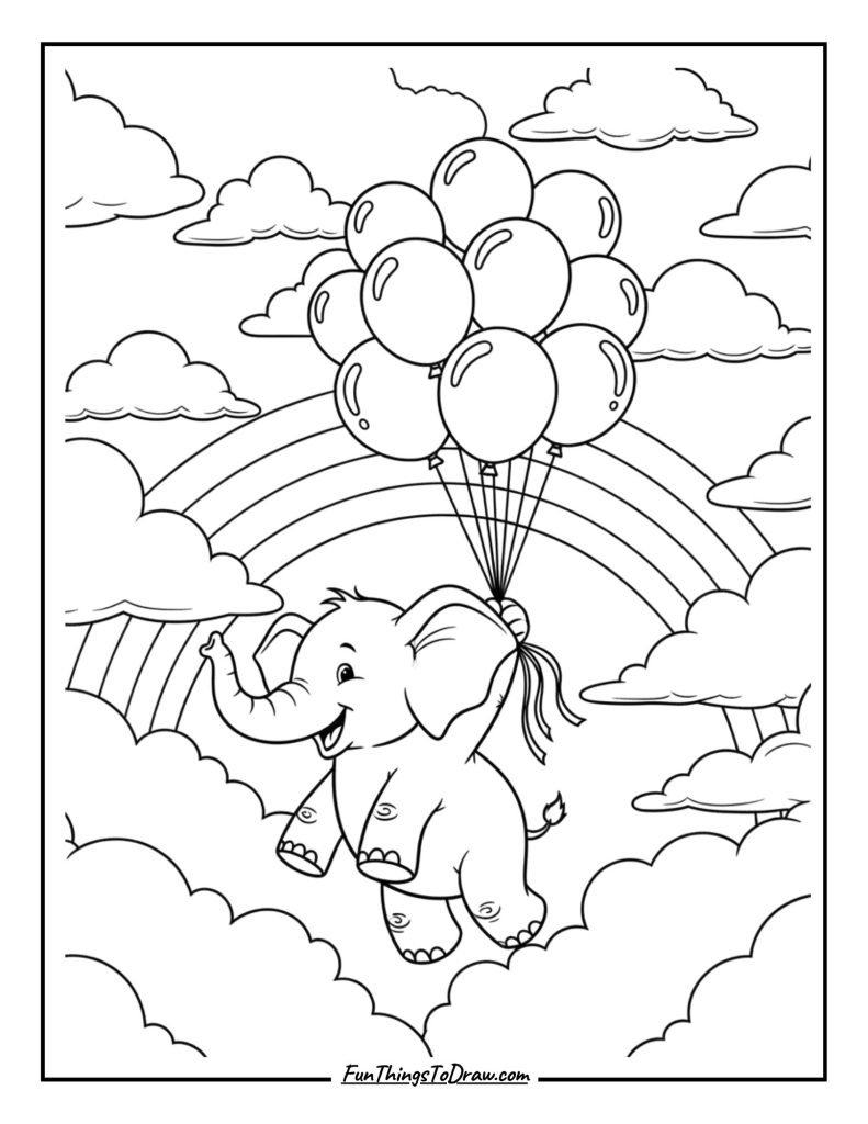 Elephant floating with balloons in rainbow clouds
