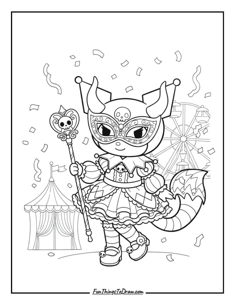Kuromi wearing a masquerade mask and carnival outfit