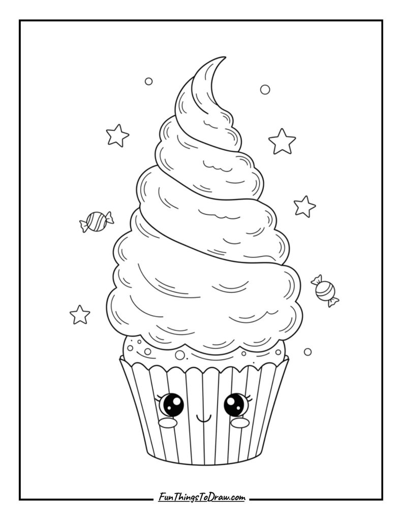A cupcake with cotton candy swirled as tall as a tower