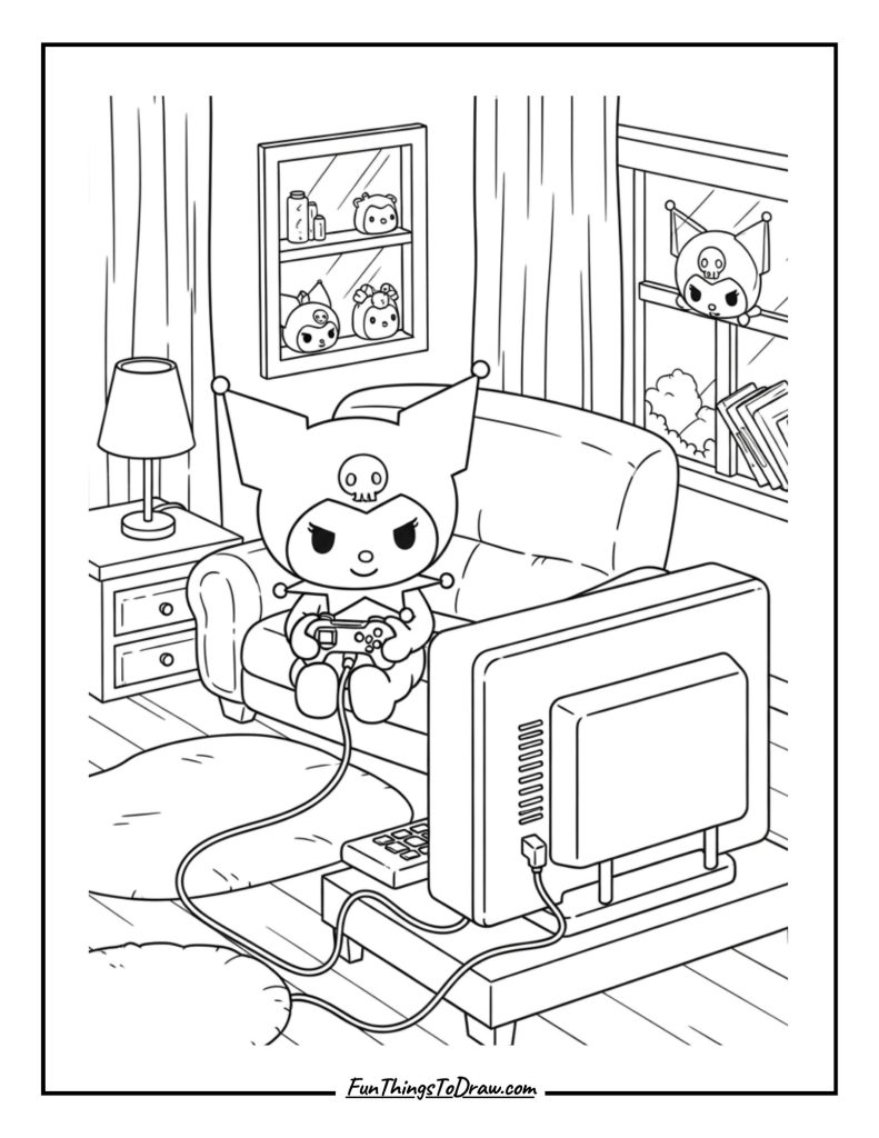 Kuromi playing video games in a cozy room