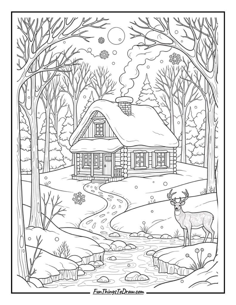 Snowy cabin scene