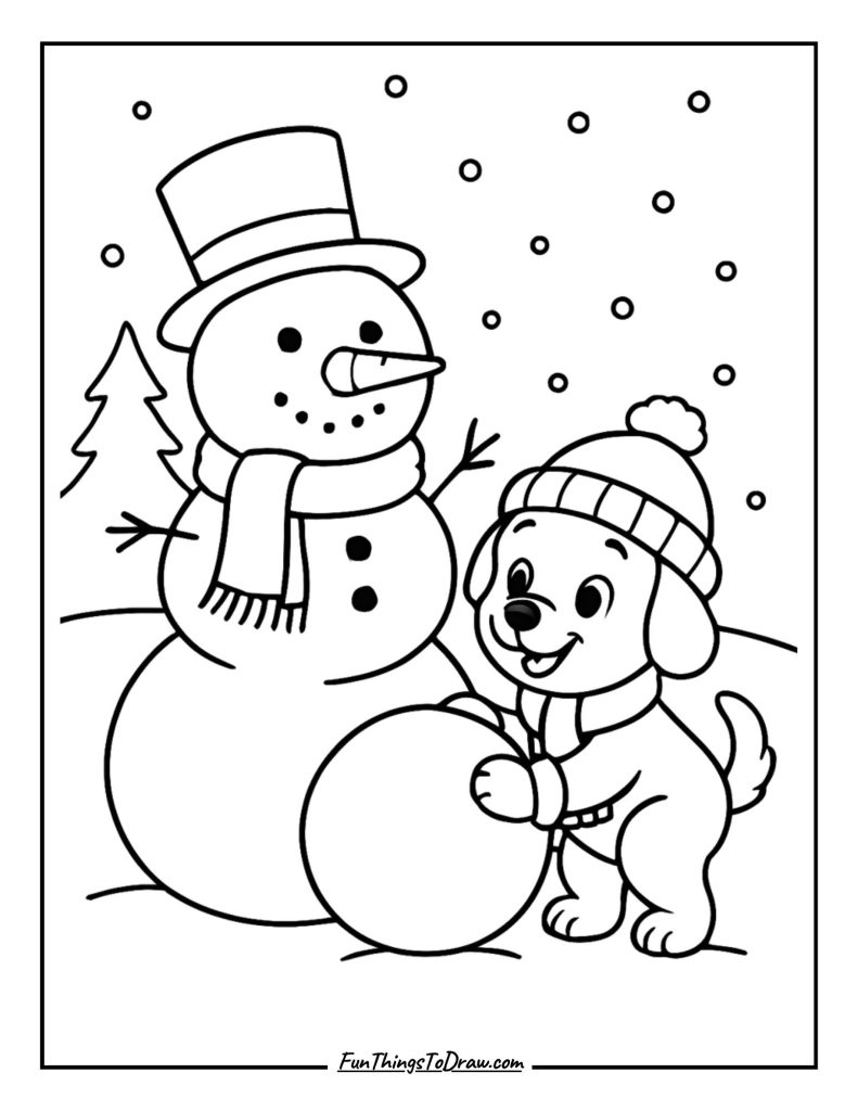 Winter pup helping to build a snowman