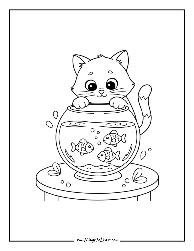 A curious cat watching fish swim in a glass bowl