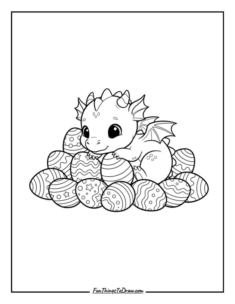 Baby dragon curled in a pile of rainbow eggs