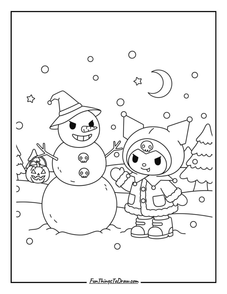 Kuromi in a snow scene, building a dark-themed snowman