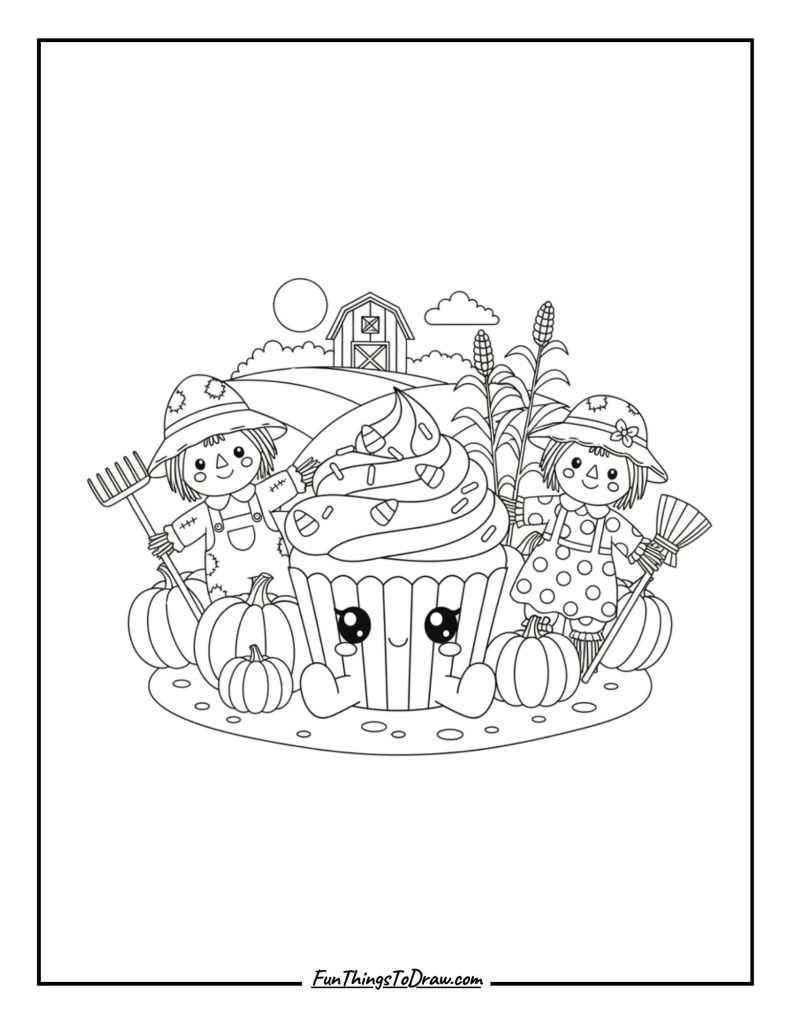 Scarecrows and pumpkins guarding a sweet autumn cupcake
