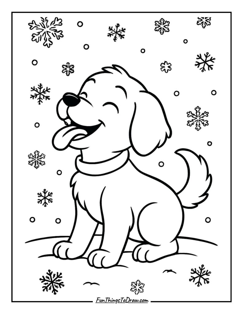 Snow loving puppy catching fluffy flakes on its tongue