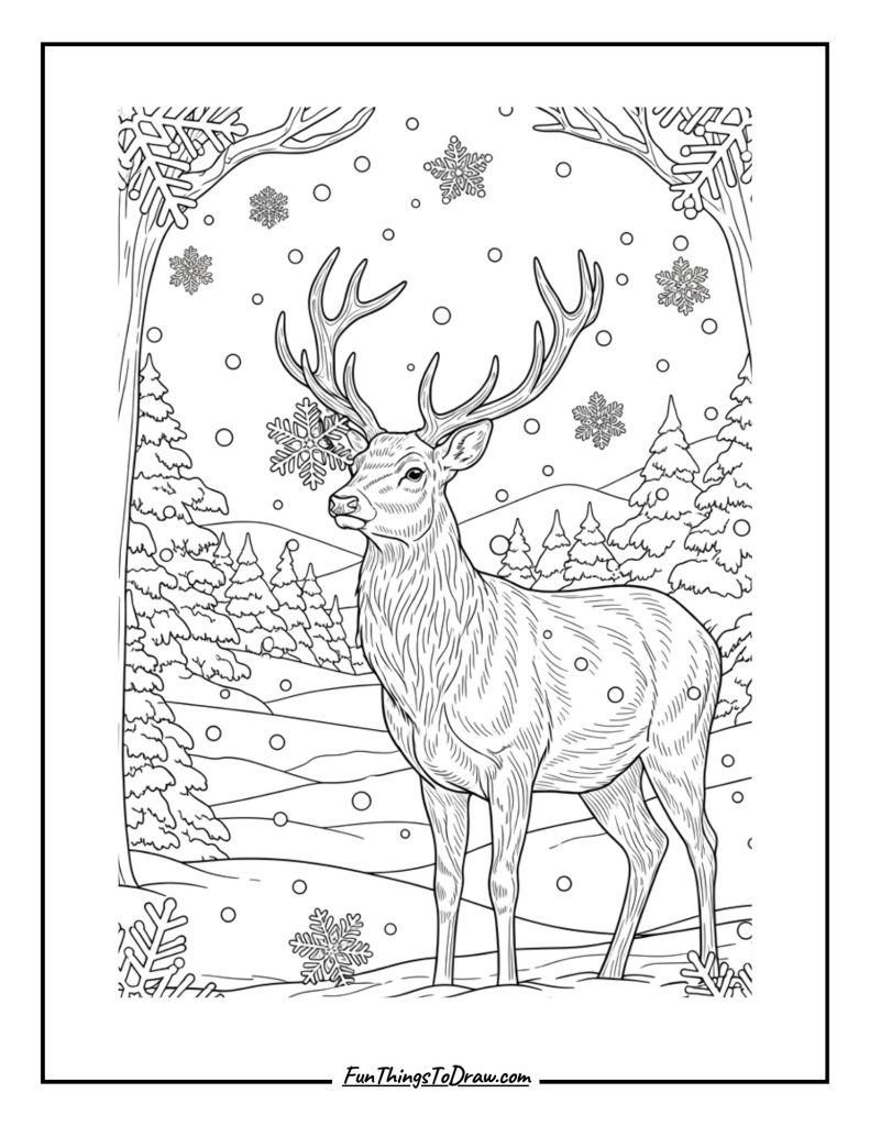 Snowflakes land on a deer's nose