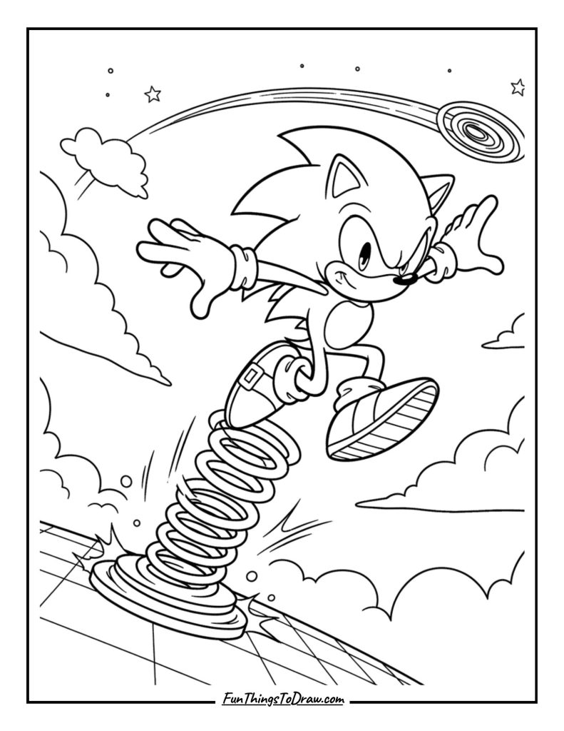 Sonic using a spring to bounce high into the sky