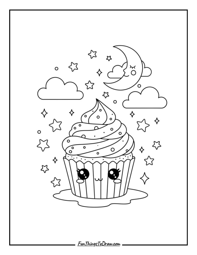 A cupcake shining with stars under the night sky