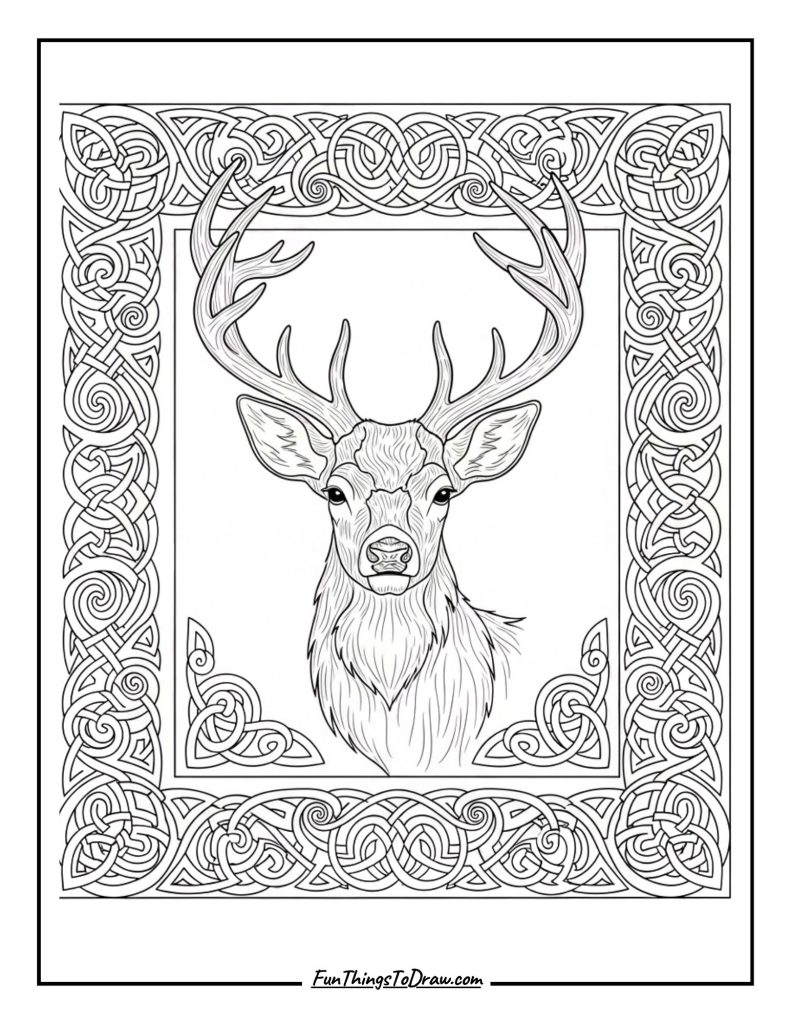Celtic patterns frame a deer portrait