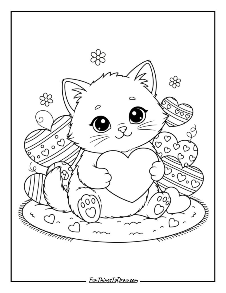 Kitten with Valentine hearts