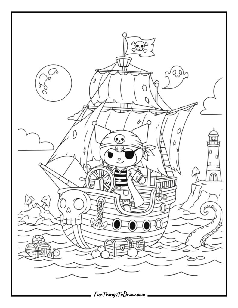 Kuromi exploring a moonlit beach with shells & shadows