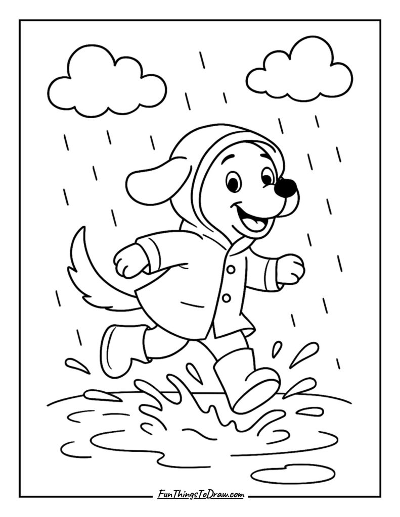 Rainy day dog splashing through puddles in a raincoat
