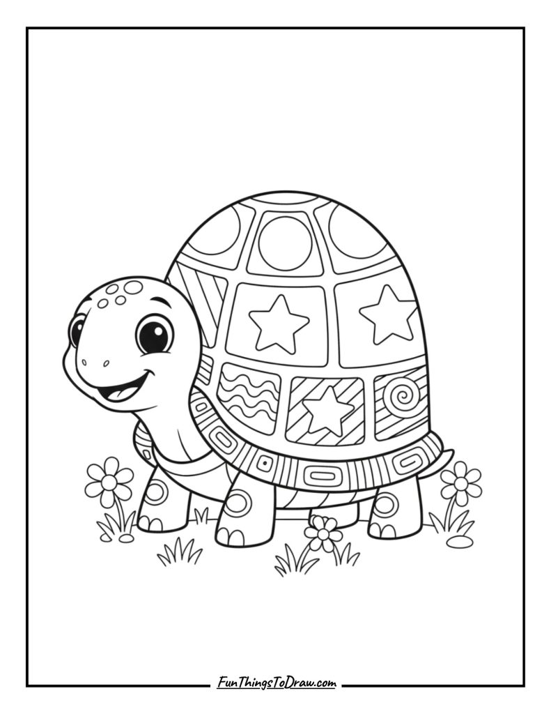 Turtle with mosaic shell full of pastel shapes