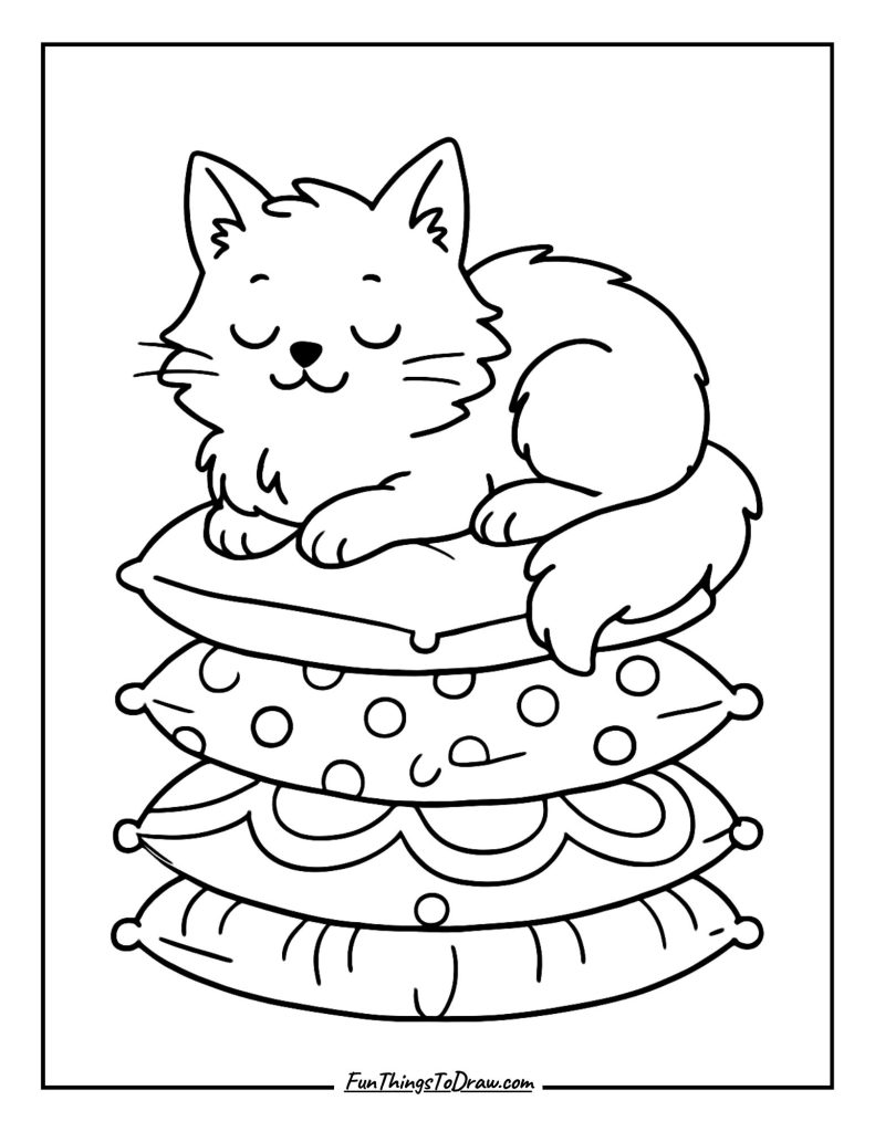 A fluffy cat resting on a pile of cozy pillows