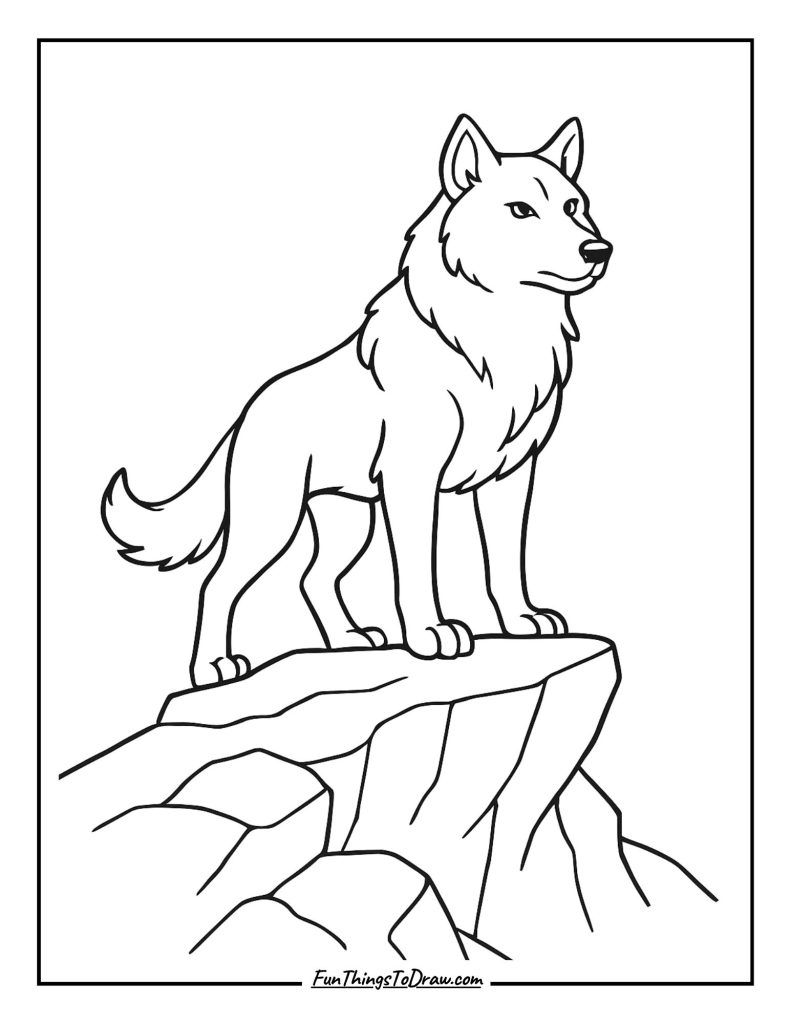 Alpha wolf standing on a rocky cliff