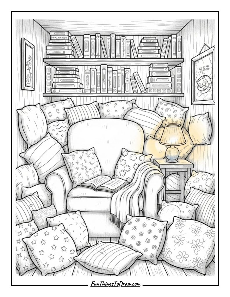Cozy reading nook with pillows