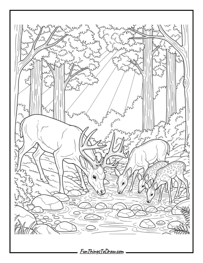 Deer family drinks from a forest stream