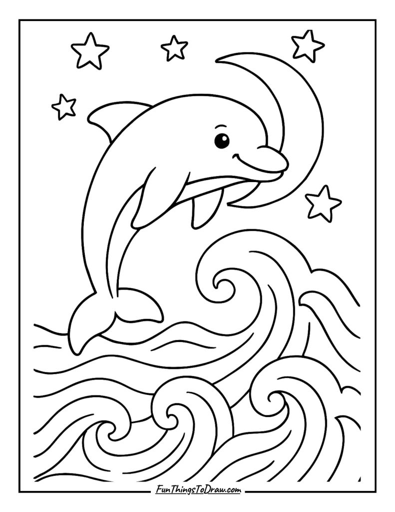 Neon dolphin leaping from moonlit waves