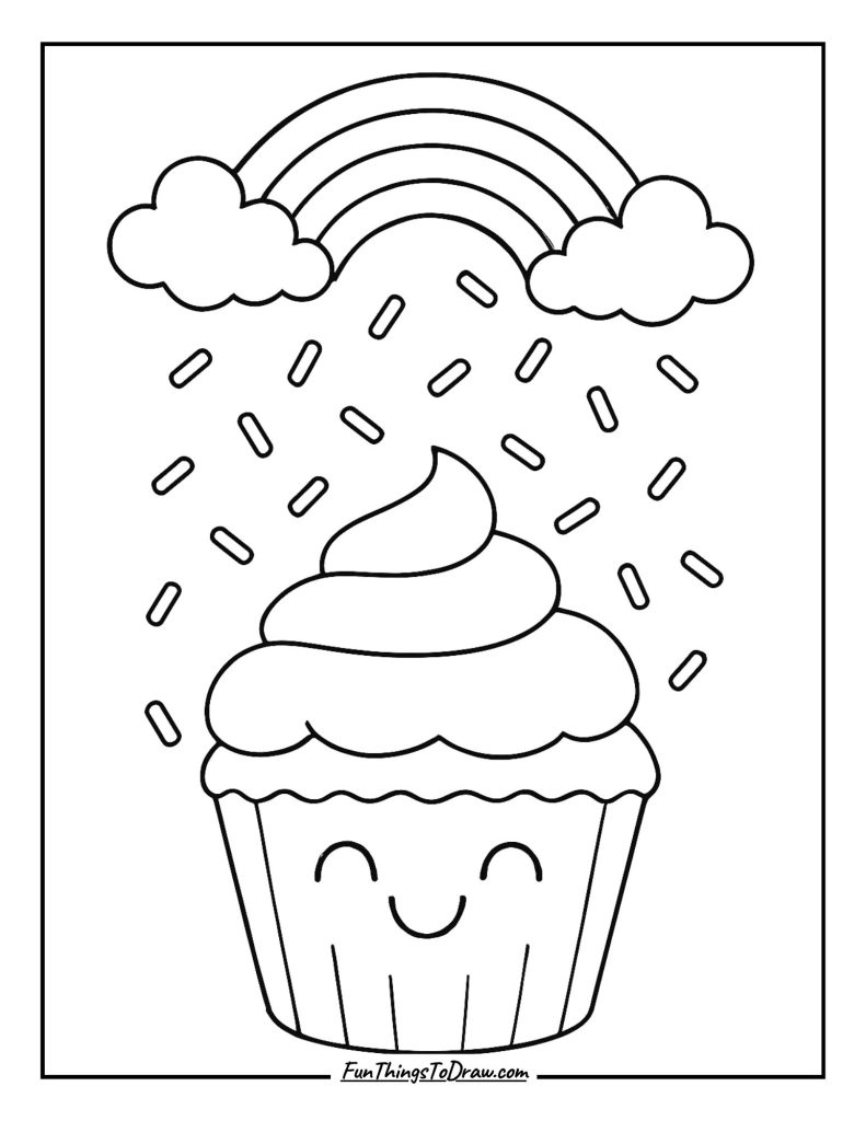 Rainbow sprinkles falling from the sky onto a happy cupcake