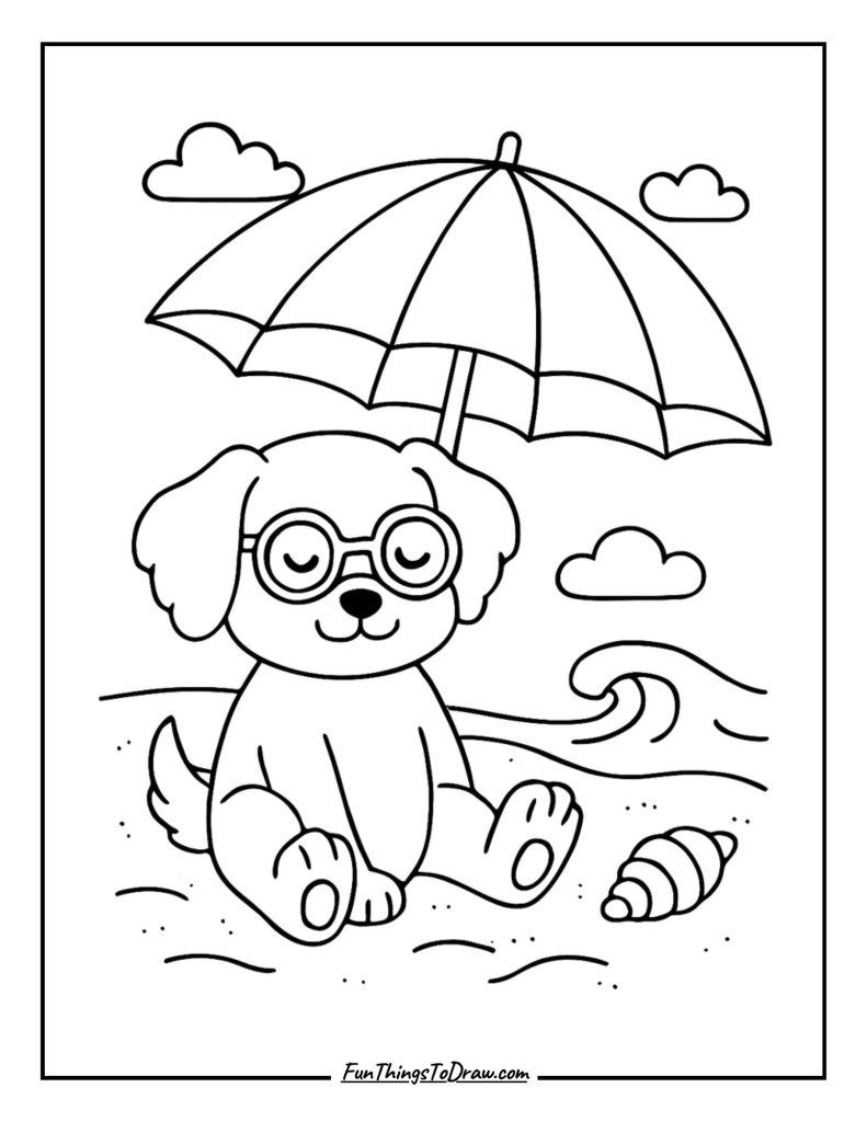 Beach puppy relaxing under an umbrella on sand