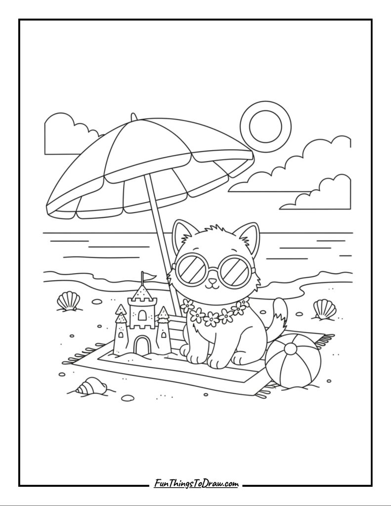 Kitten wearing sunglasses at the beach