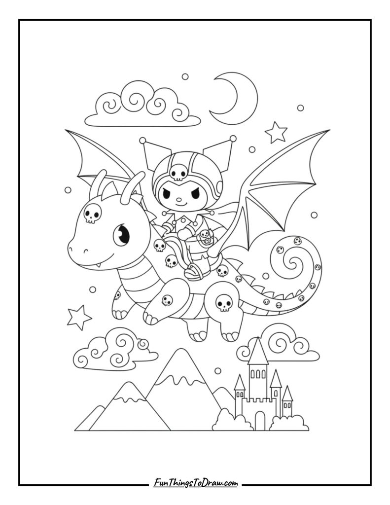 Kuromi riding a dragon or mythical creature