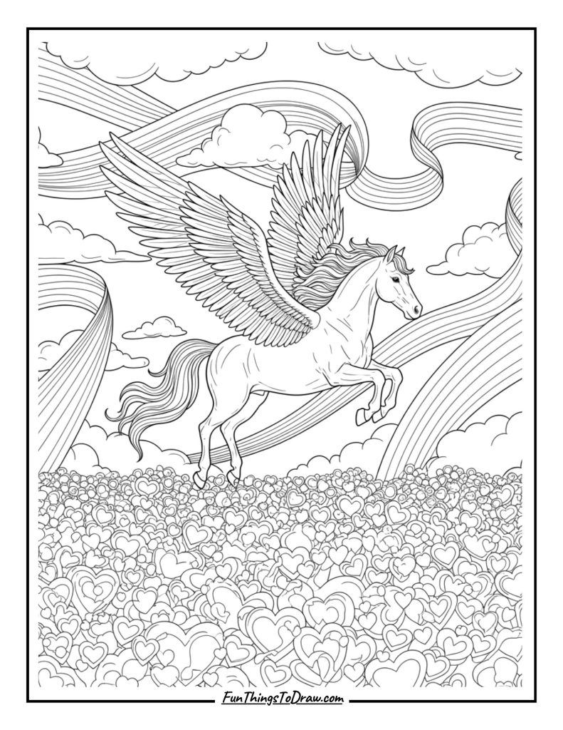 Pegasus flying over a sea of hearts and rainbows