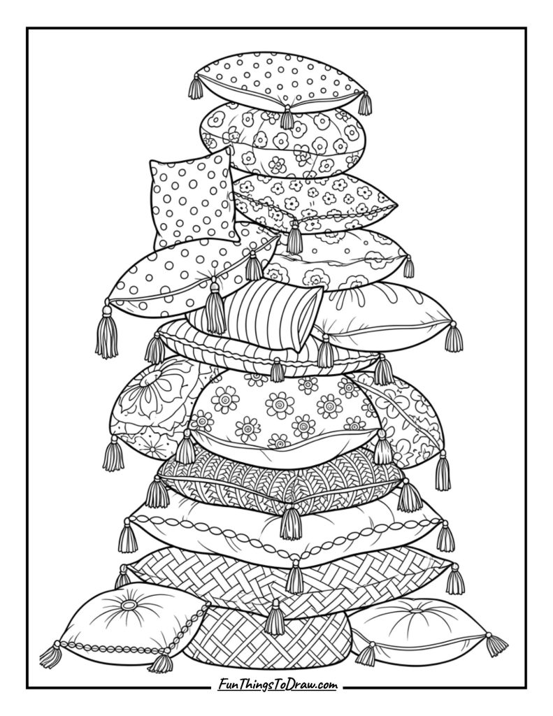 Stacks of pillows and cushions
