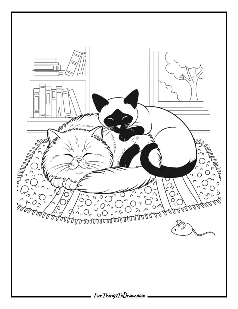 Two cats cuddled up together on a cozy rug