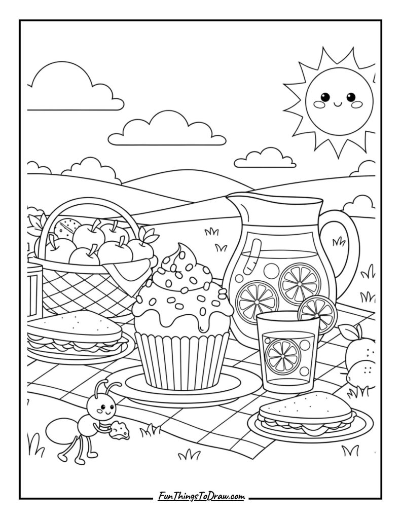 A picnic scene with lemonade and a frosted cupcake
