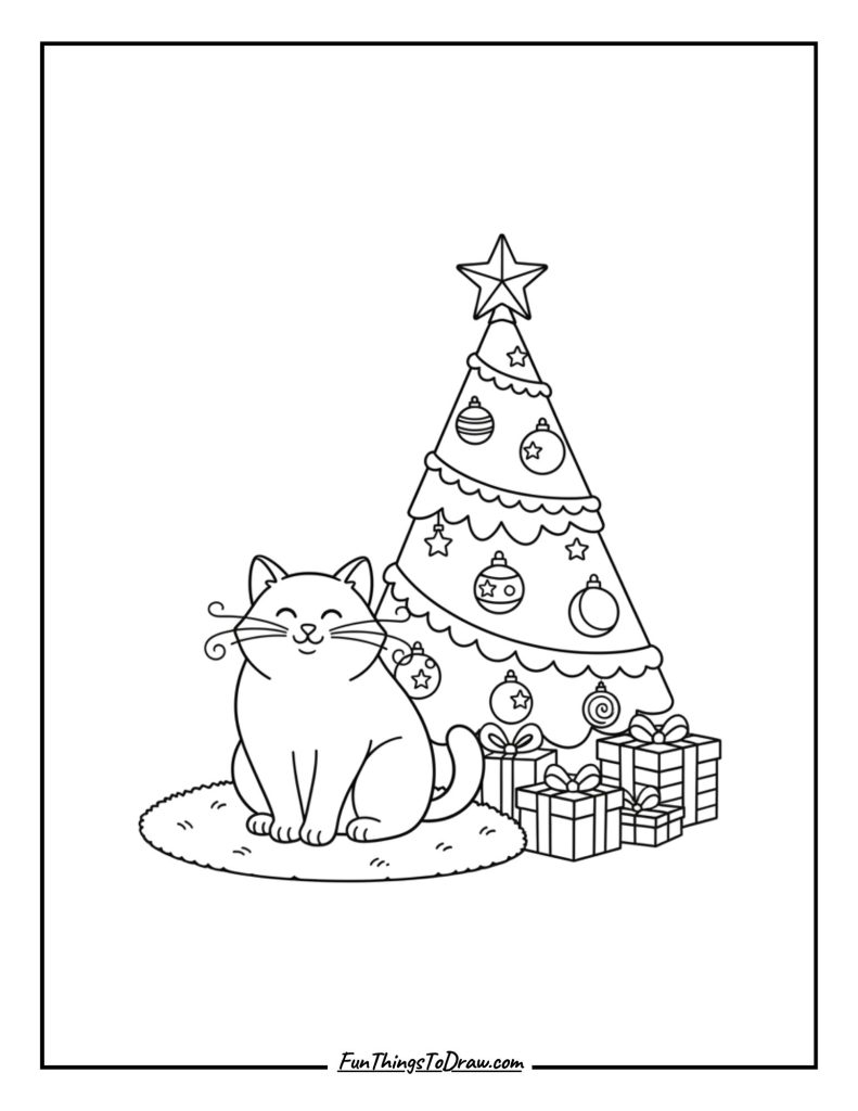 Cat sitting beside a Christmas tree with shiny ornaments