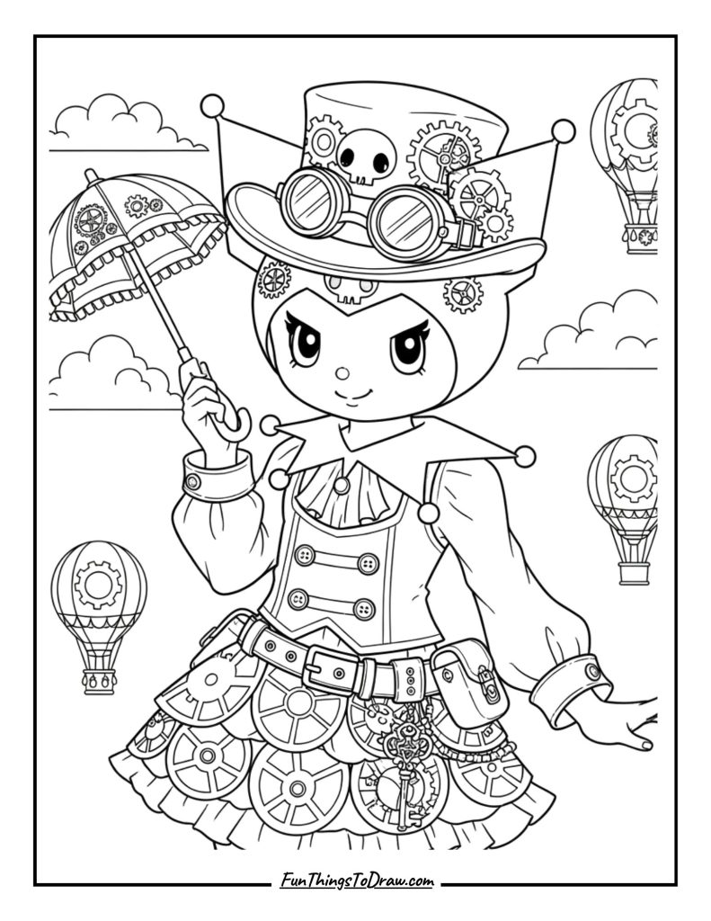 Kuromi in a steampunk outfit with gears and goggles