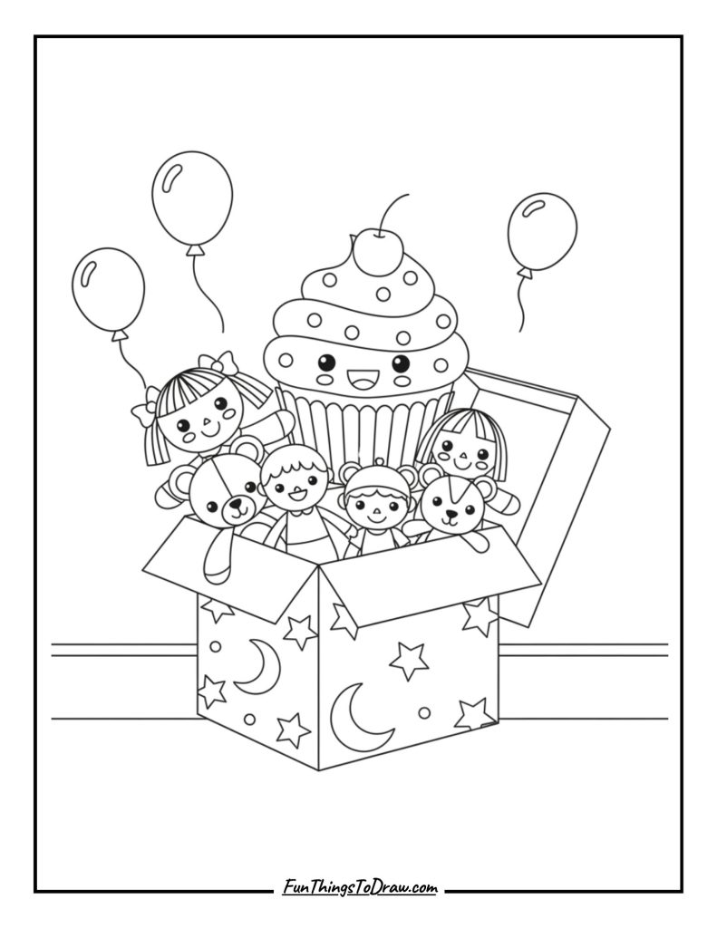 A cupcake riding inside a toy box filled with dolls