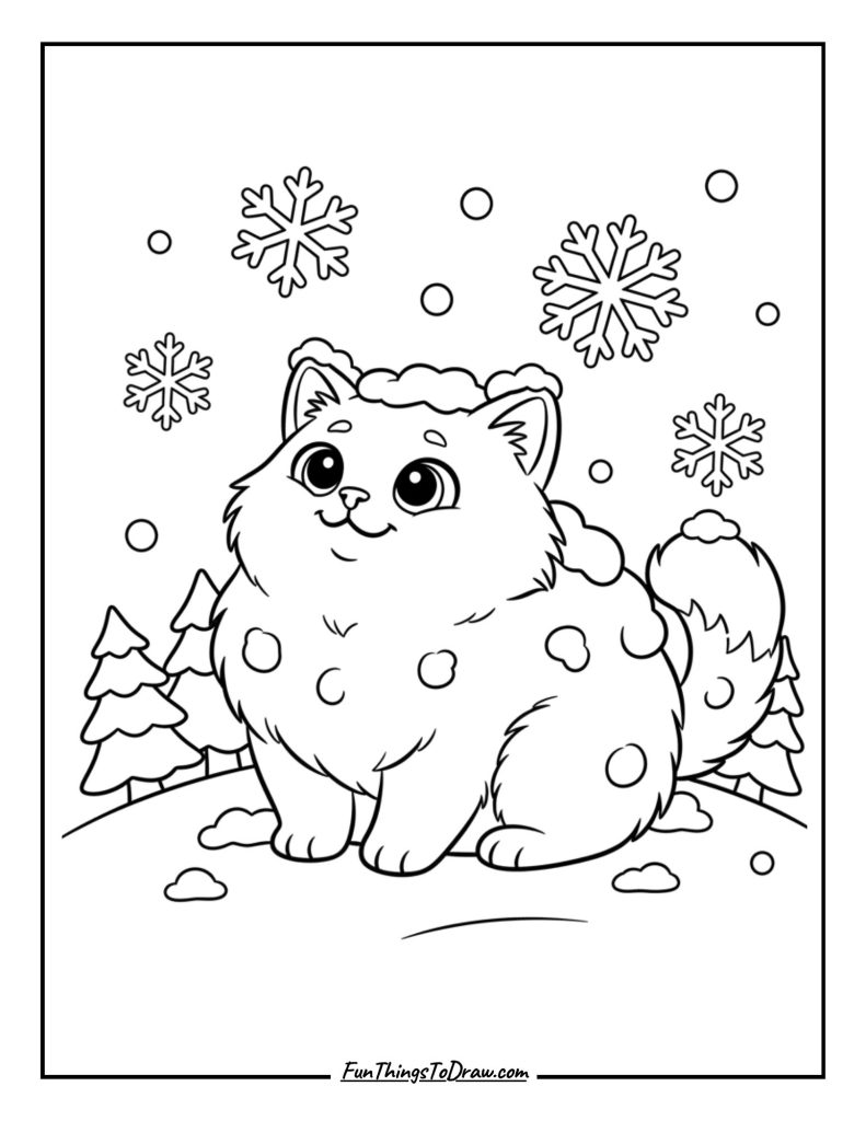 Snow-covered cat enjoying the first snowfall